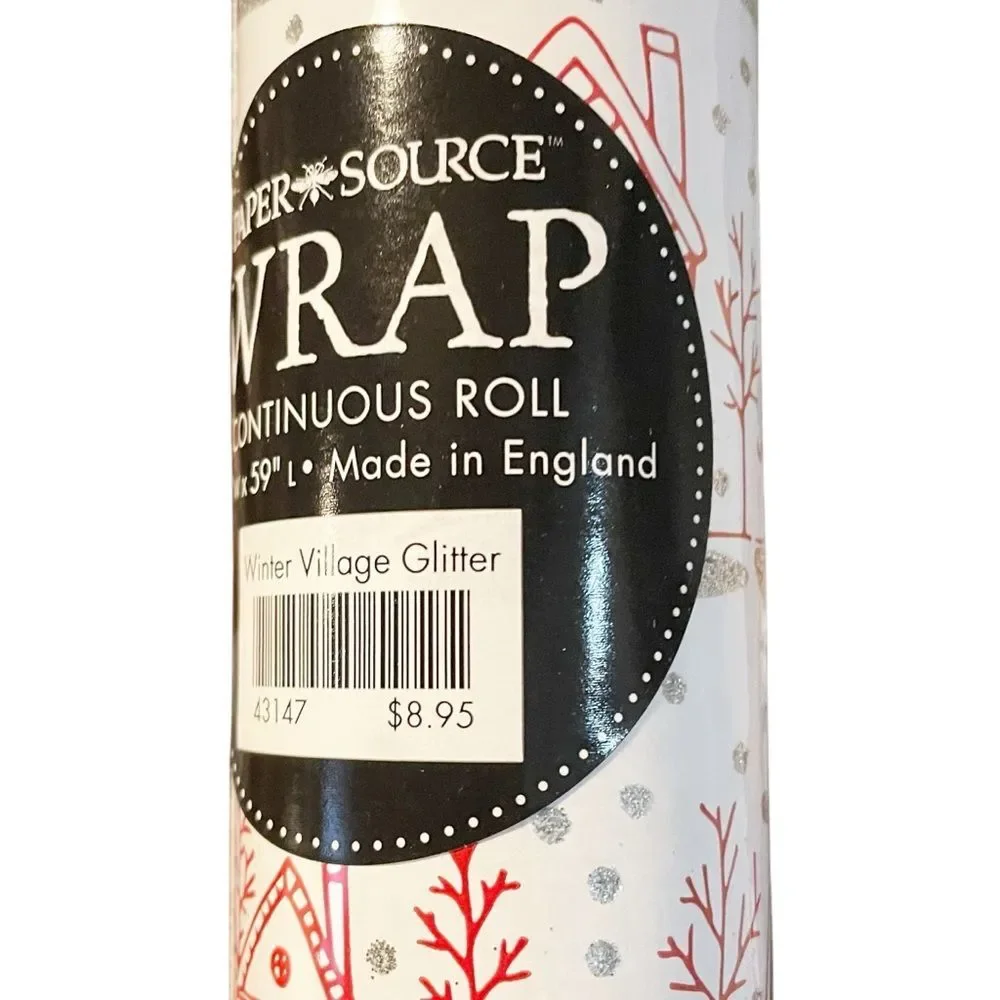 NWT Paper Source Winter Village Glitter Wrapping Paper Roll 27.5”x59” Red White